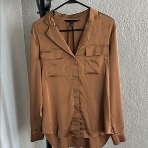 White House Black Market Camel Brown Satin Button-Front Blouse
